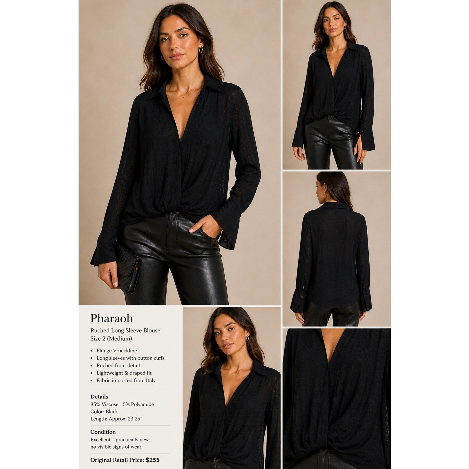 Pharaoh Black Ruched Blouse | Plunge Neck Long Sleeve Top | Size 2 (Med)